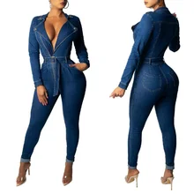 Women's Fashion New V Neck Notched Neck with Zip High Waist Belt Denim pencil Long Jumpsuit Fashion Casual Romper Playsuit S-2XL Women's Fashion New V Neck Notched Neck with Zip High Waist Belt Denim pencil Long Jumpsuit Fashion Casual Romper Playsuit S-2XL