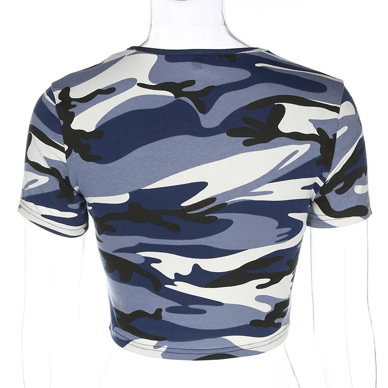 Qunndy T Shirt Women Camouflage Cotton Elastic Basic T-shirts Female Casual Tops Short Sleeve Tshirt Crop Top Camisetas Mujer (21)