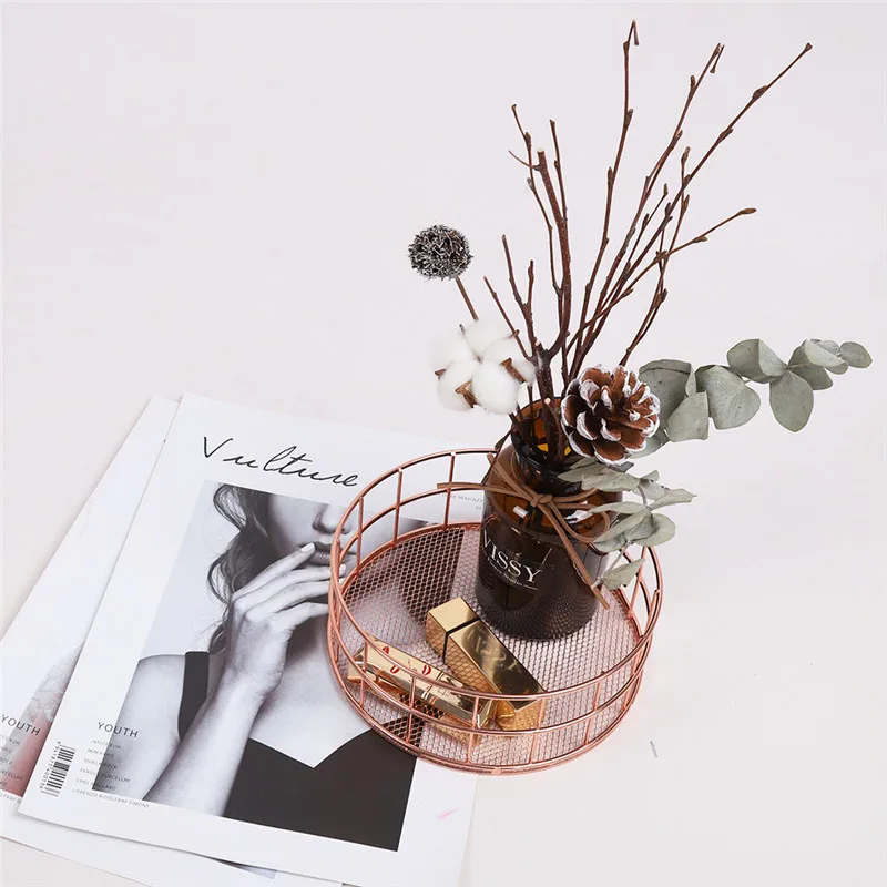  Nordic Style Rose Gold Metal Wire Storage Basket Cosmetic Organizer Holder Home Office Desk Toiletr