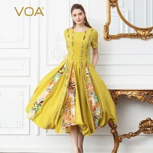 VOA Heavy Silk Dress Women Plus Size 5XL Long Swing Dresses Yellow Print Boho Casual Beach Short Sleeve Slim Summer A308