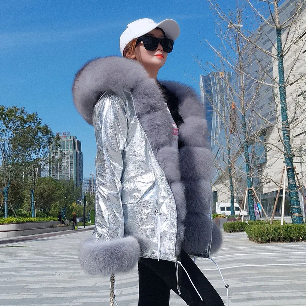 MaoMaoKong Winter Jacket Parkas Natural Real Fox Fur Collar Faux Fur Lining Women Fur Coat