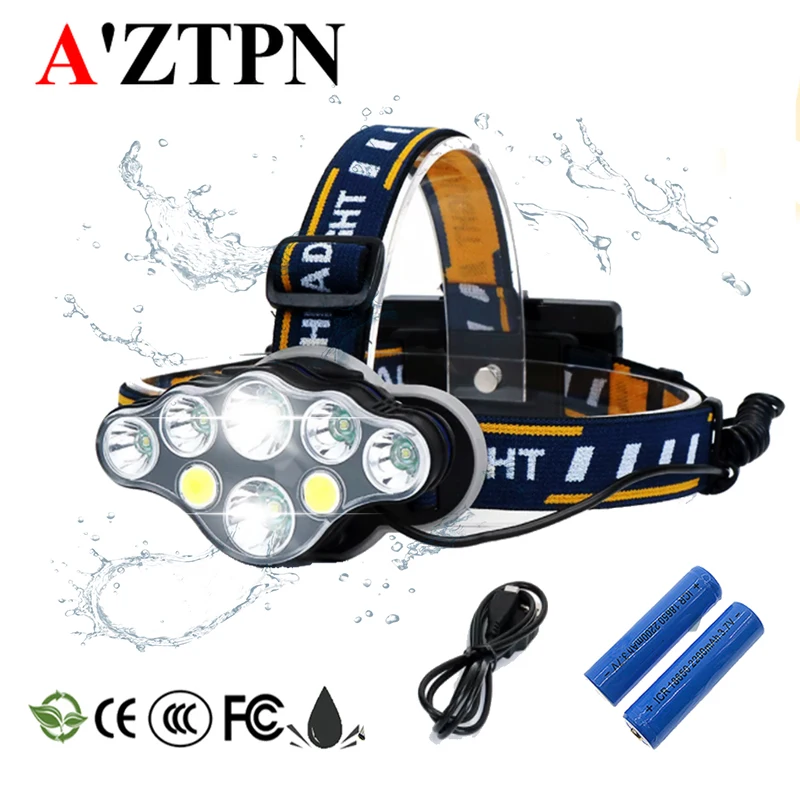 

LED Headlamp 8 Modes Camping Headlights White-Red-light Fishing Headlamp Hiking Flashlight Use 2*18650 Battery+Charger