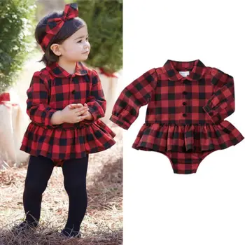 

Pudcoco Newborn Baby Girl Plaid Cotton Romper infant Girls Long sleeves Ruffles Jumpsuit Tops Outfits 0-24M