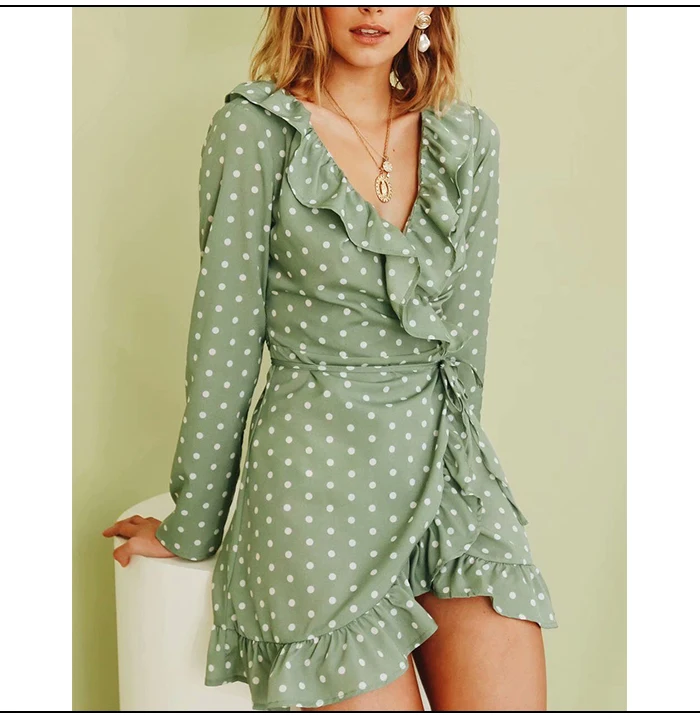 SINRGAN Ruffles Elegant Polka Dot Green Dresses v neck Long sleeve short mini vintage spring dress Bohemian vestidos