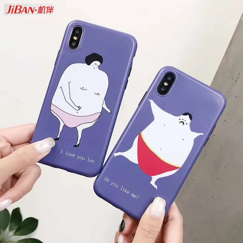 JIBAN Funny fat Cartoon purple Phone Case for iphone X 6s 6plus 7 8plus Capa Soft TPU matte Couples protective cover |