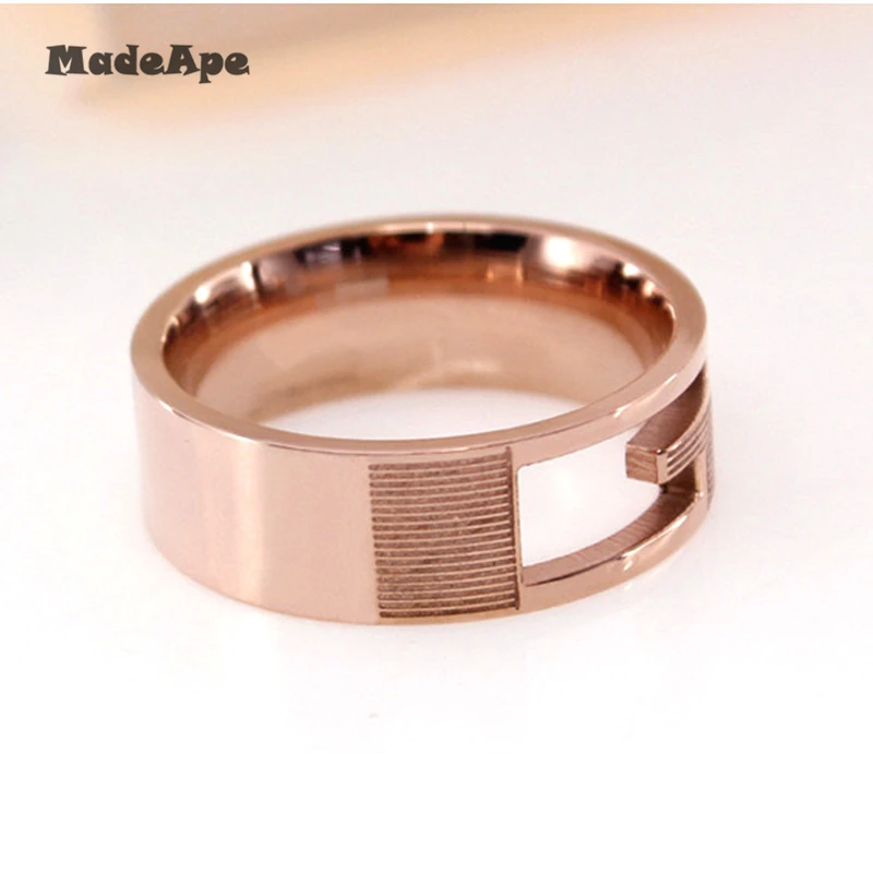MadApe Trendy Women Hollow Rings 316L Stainless Steel Couple Ring Rose Gold Color 7mm Width For Women Men Wedding Rings