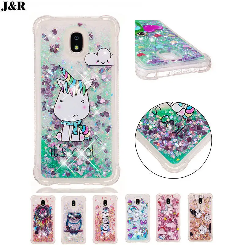 For Samsung Galaxy J3 J4 J6 J7 2018 Case Cute Cartoon Unicorn Glitter Dynamic Liquid Quicksand Soft Cover Phone Bags Cases