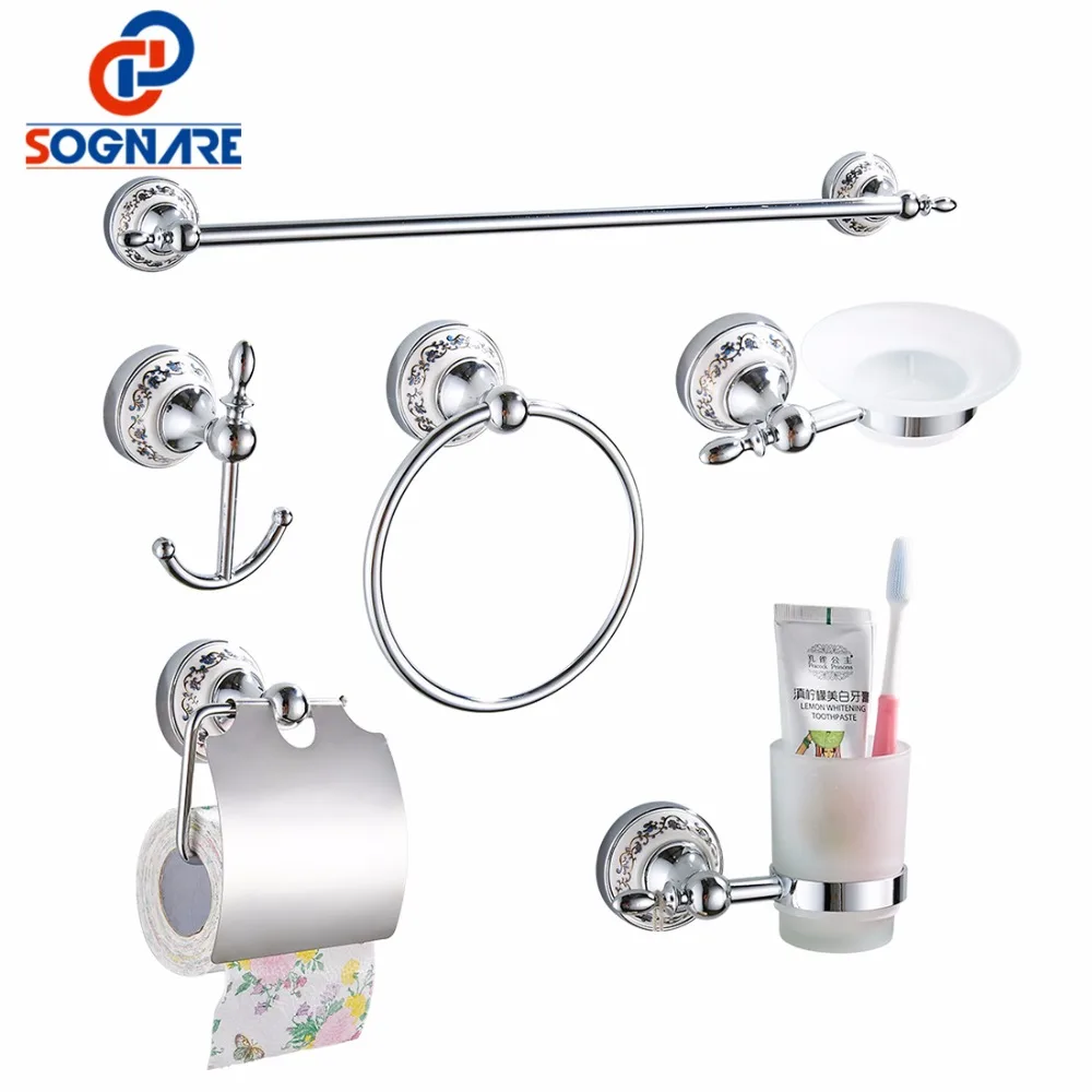 Günstig SOGNARE 6 stücke Bad accessoires Einzigen Handtuch Bar, Robe Haken, Papier Halter, Tasse Halter, seife Box Set Bad Hardware Sets D1900