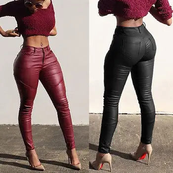 

High Waist Leggings Stretchy Pencil Pants Trousers Fashion Women Leather Skinny