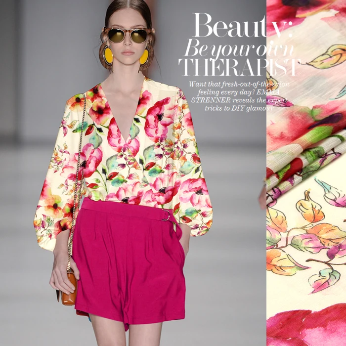 

140cm wide 13.5mm pink and orange flower print silk linen fabric for summer shirt dress a little transparent and hard fabric