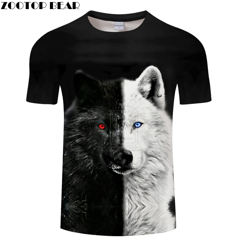 Ying and Yang Wolf Мужская футболка уличная Повседневная 3D Футболка Harajuku Топ черный