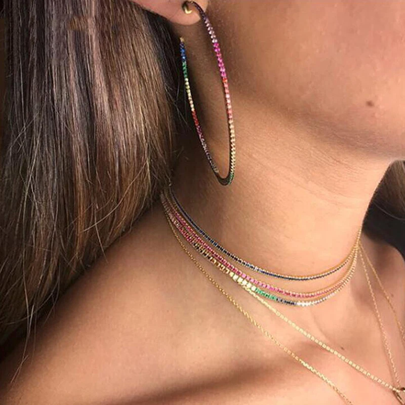 

2019 Top quality delicate rainbow CZ hoop earring with colorful Rhinestone 45mm Circle earring for women rose gold color jewelry