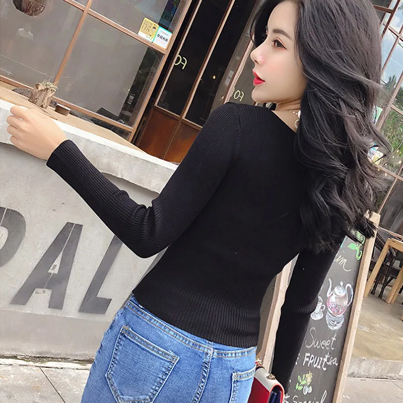 Crop Top Women Sweater High Elastic Low Round Neck 2019 Fall  Fashion Solid Lace Up Female Slim Sexy Bottoming Knitted Pullovers