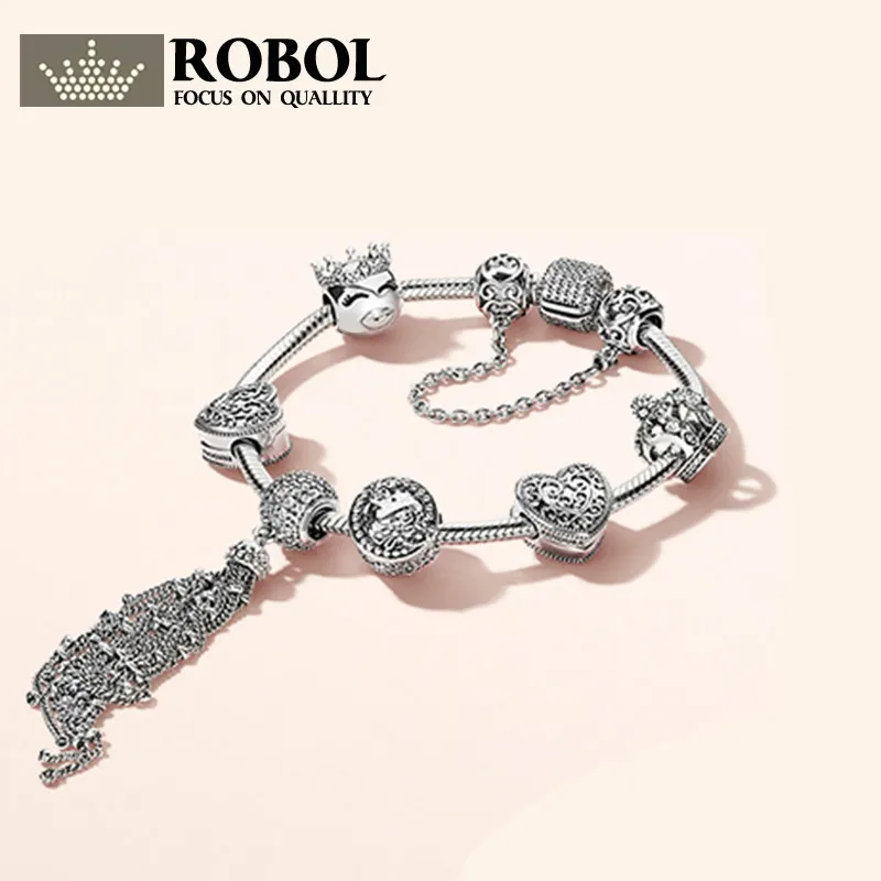 

ROBOL 100% 925 Sterling Silver New 1:1 Genuine Princess Natural Magic Bracelet Set Elegant Charm Love H Bracelet Set