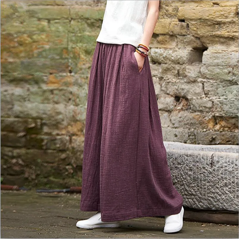 

2019 Women Casual Loose Wide Leg Pants Vintage Elastic Waist Trousers Casual Cotton linen Oversized Long Pants Plus Size M-6XL