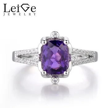 

Leige Jewelry Genuine Amethyst Purple Color Gemstone Cushion Cut Engagement Rings February Birthstone 925 Sterling Silver