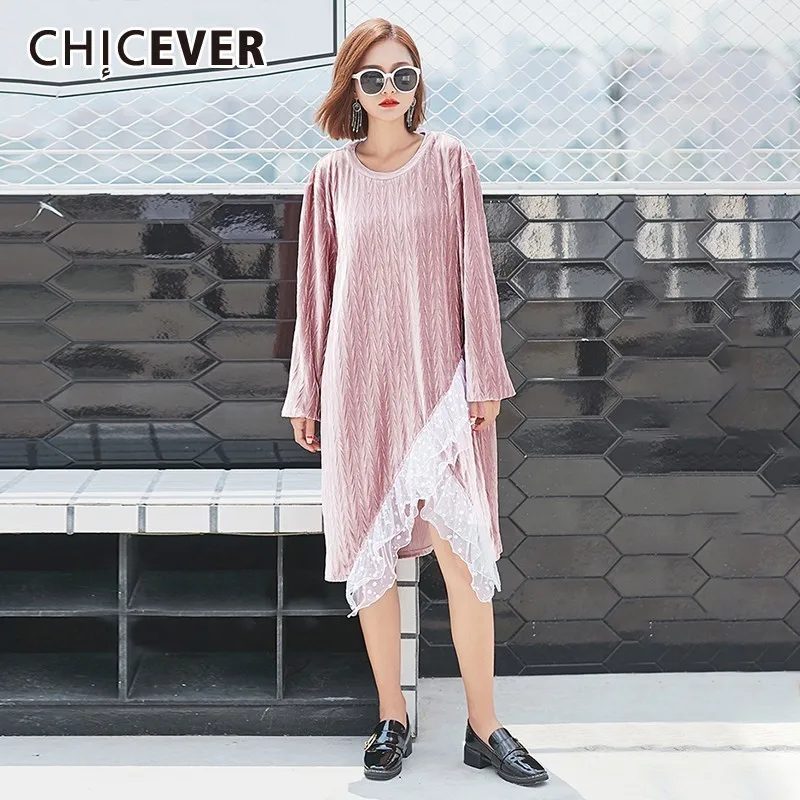 CHICEVER корейское Сетчатое лоскутное платье для женщин с круглым вырезом и длинным