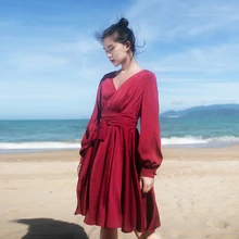 MM168 Новое поступление женское винтажное короткое платье с v-образным вырезом и поясом с длинным рукавом темно-красное