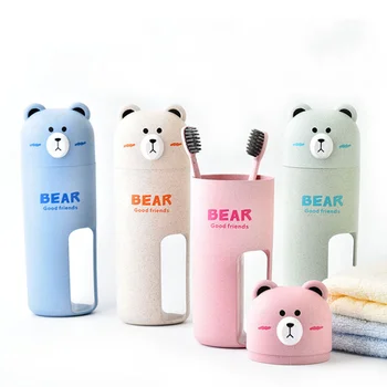 

1 set Kawaii Cartoon Bear Outdoor Portable Couple Bathroom Wash Suit Adult Kids Travel Soft Toothbrushes Tumbler Gargle Cup