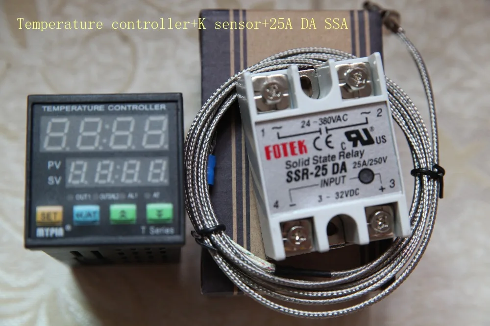 

90-265V AC/DC Digital F/C PID Temperature Controller Thermostat TA4-SNR(SSR output +1 Alarm) + 2M 6.6 ft K sensor+ 25A SSR