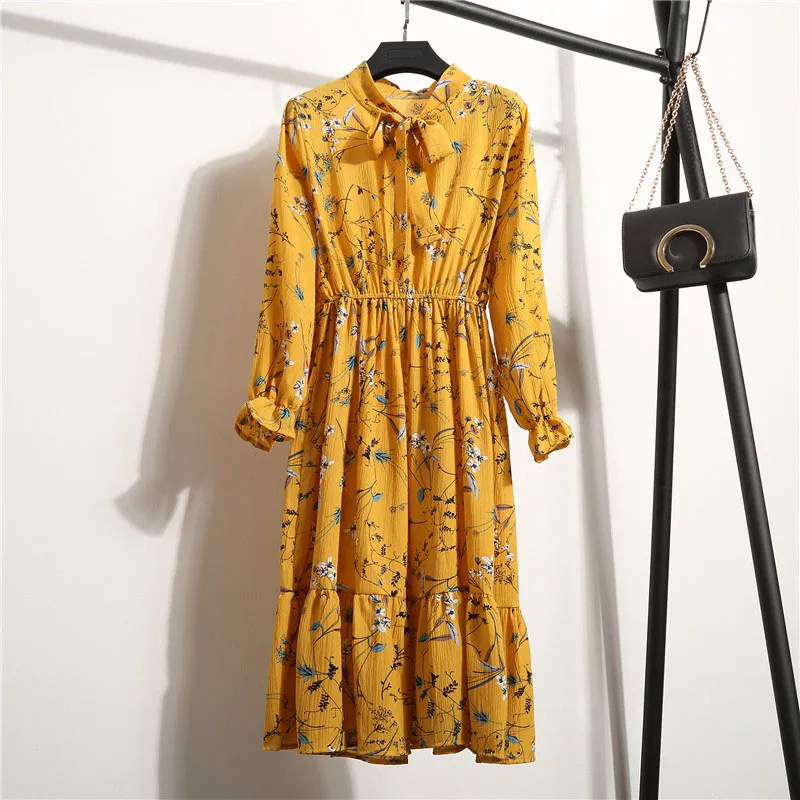 Осеннее шифоновое платье-рубашка с длинным рукавом в горошек, клетчатое офисное винтажное платье, женское летнее Повседневное платье миди с цветочным рисунком Vestido - Цвет: 002