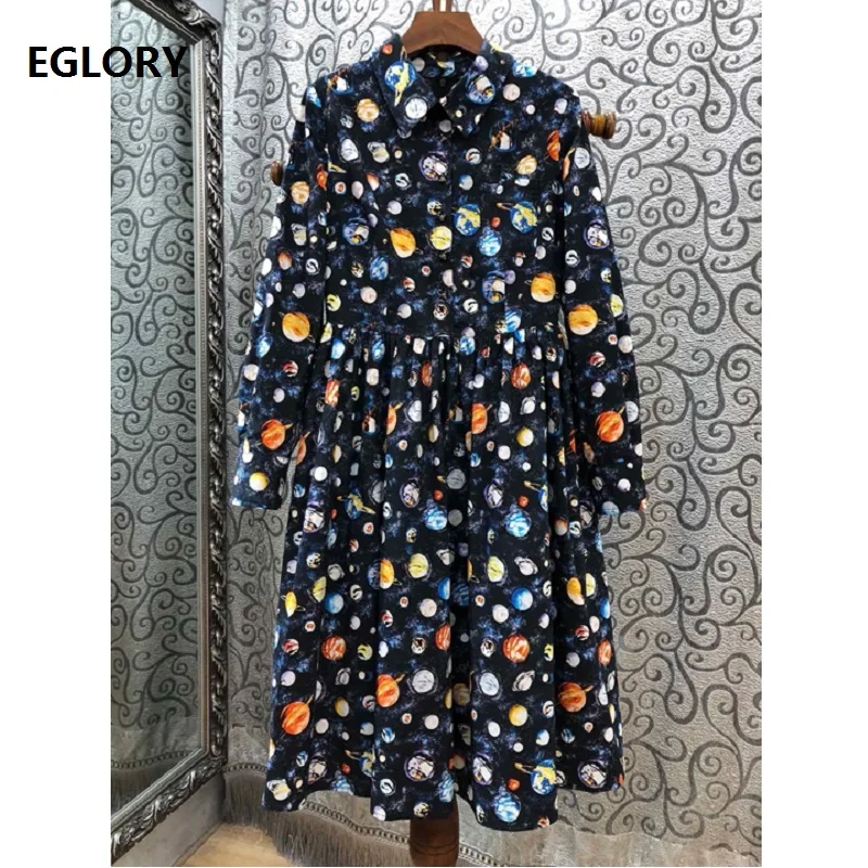 

100%Cotton Dress New 2019 Spring Fashion Star Print Dress Women Turn-down Collar Big Swing Party Casual Long Sleeve Dress Tunic