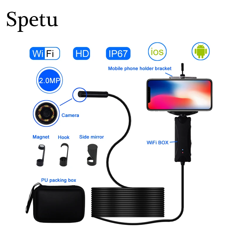 

Spetu Hard Cable IOS Android WiFi Handheld Endoscope 8mm Lens 8 LED Waterproof Iphone Wifi Endoscope Camera Snake Inspection Cam