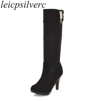 

Women Boots Autumn Warm Super High Heel Round Toe Knee High Slip on Motorcycle Boots Flock 2019 New Sexy Fashion Black Brown