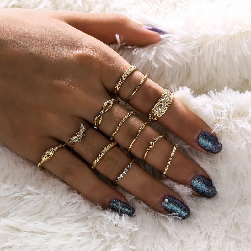 

New Style Knuckle Rings Set For Women Gold-Color Eagle Geometric Crystal Image-Text screw Ring Fasion Jewelry For Party KB175