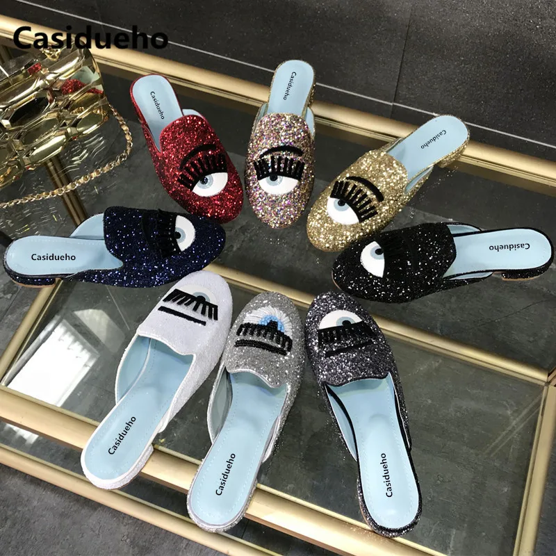 

Sequins Women Slippers Closed Toe Bling Gladiator Sandals Flip Flops Glitter Flats Lady Slides Wedding Shoes Eyes Sandalias 40