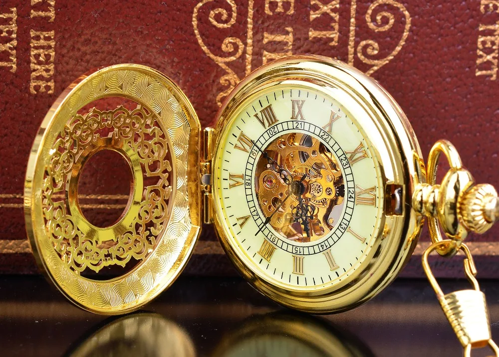 Винтажный стимпанк Скелет механический кармашек для часов Часы золотые полые мужские Женская подвеска ручной заводные часы подарок