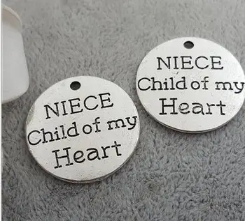 

High Quality 20 Pieces/Lot Diameter 25mm Letter Printed Niece Child Of My Heart Words Message Charm Pendant