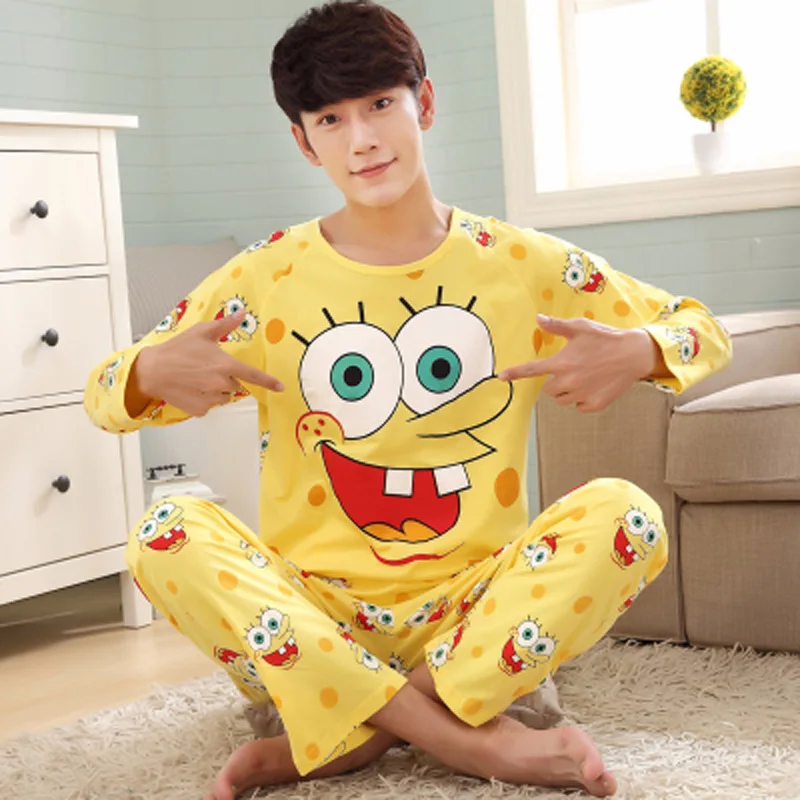 Yidanna для мужчин пижамный комплект хлопковые пижамы мультфильм печати ночное с длинными рукавами одежда для сна повседневное ночные рубашк