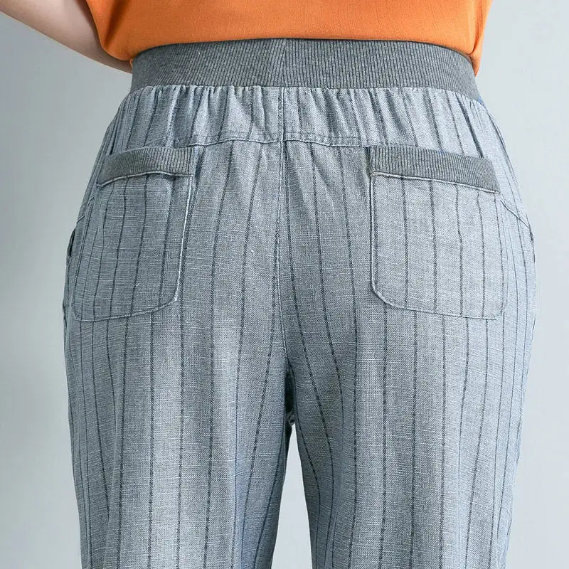 Spring Summer Women Striped Elastic Waist Pants Plus Size 4XL High Waist Casual Harem Pants Ankle-length Boho Trousers Pockets Spring Summer Women Striped Elastic Waist Pants Plus Size 4XL High Waist Casual Harem Pants Ankle-length Boho Trousers Pockets
