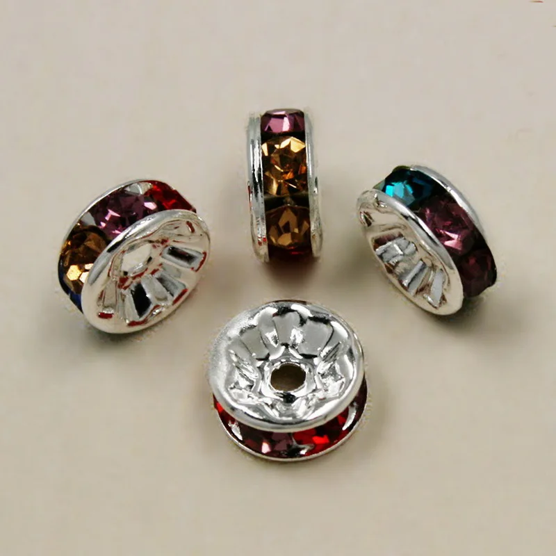 

Nice Beads 8mm 10pcs/lot Silver Plated Rondelle Loose Rhinestone Spacer Beads for Jewelry Making