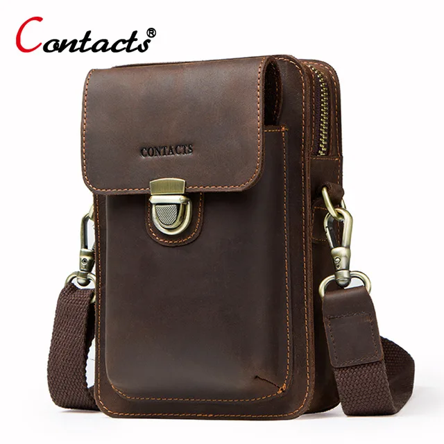 

Contact's Genuine Leather Waist Bag Men Shoulder Bag Phone Fanny Pouch Crossbody Bag Belt Men Messenger Bag Hip Small