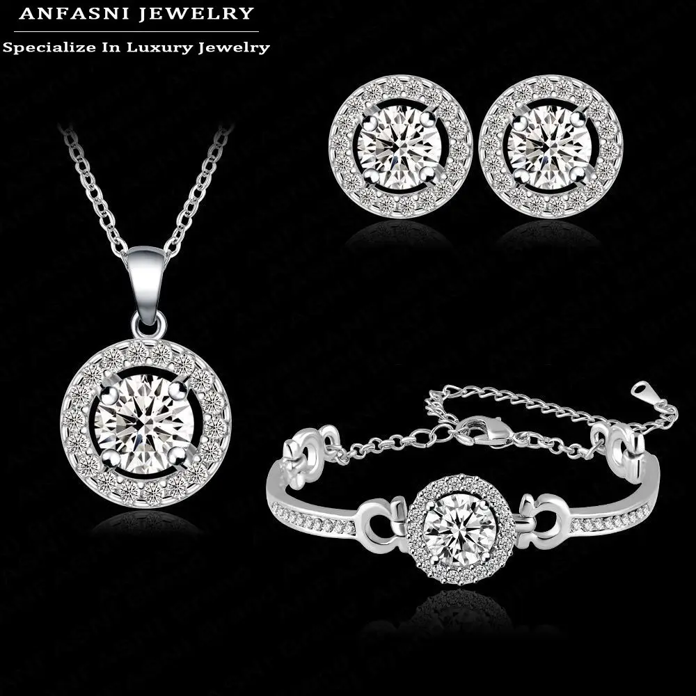 

ANFASNI 2017 New Arrival Engagement Jewelry Set Silver Color Inlay Cubic Zirconia Pendant/Bracelet/Earrings Set CST0001-B