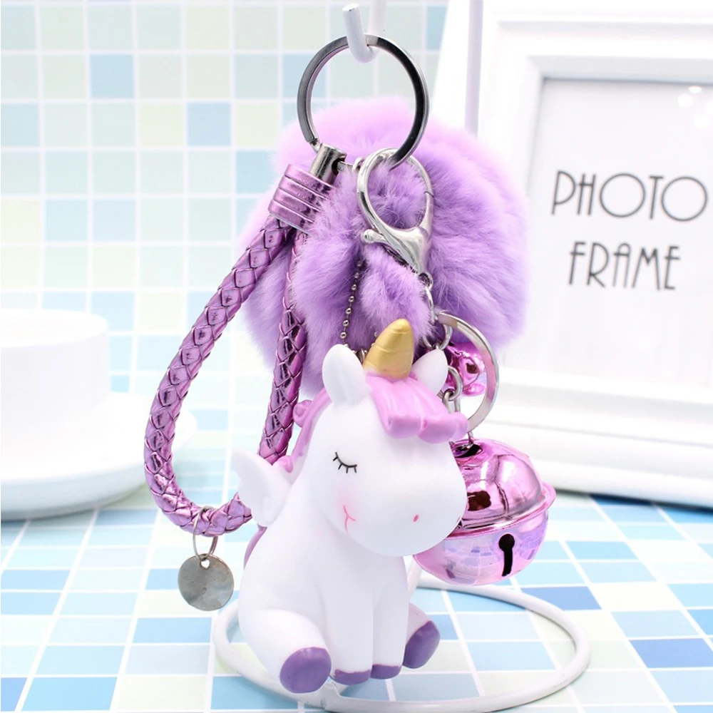 Kawaii Cartoon Unicorn Plush Keychain Fur Ball Pompons Key Ring Car Purse Bag Pendant Plush Toy