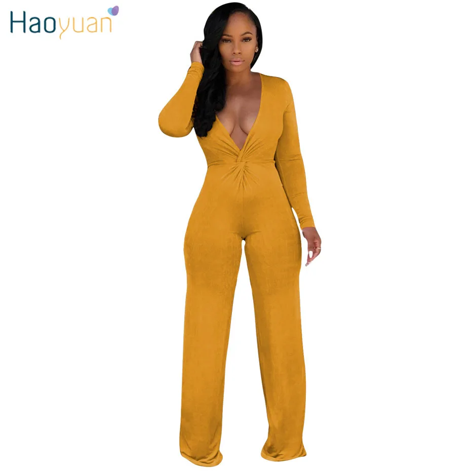 

HAOYUAN Sexy Bodycon Jumpsuit Deep V Neck Long Sleeve Full Bodysuit Streetwear Autumn Overall One Piece Rompers Womens Jumpsuit