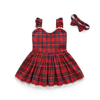 

Roimyal Wholesale 2019 summer new baby girls red plaid dress with haedband little kids cute slip dress free shipping