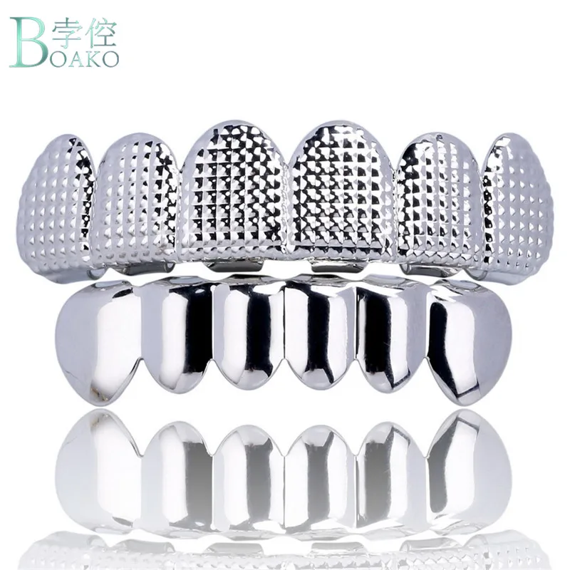 

BOAKO Men's Hip Hop TeethGrillz Fang Top Bottom teeth Grillzs Set Hollow Teeth Grillz Rapper Jewelry Gold Silver Black Rose