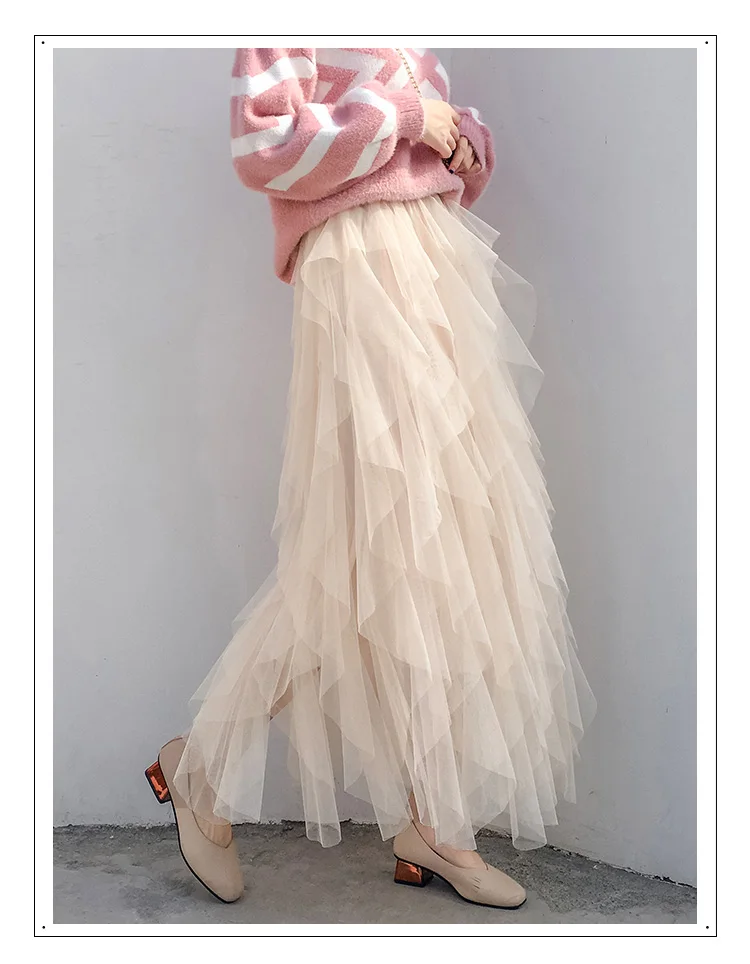 Милая плиссированная Асимметричная Макси Длинная фатиновая юбка Феи трапециевидной формы, плиссированная многослойная юбка с оборками, длинная юбка-пачка в сеточку для взрослых
