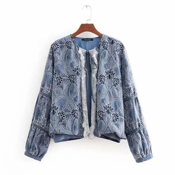 Outerwear Femme Bomber Vintage Pilots Lace Tops Denim Flower Coat Spliced Tassel Women Harajuku Blue Jacket Embroidery 0Rwq67nxz