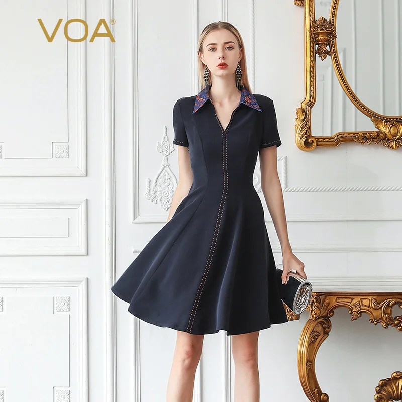 

VOA V Neck Luxury 100% Silk Midi Shirt Dress Women Short Sleeve Summer Dresses Ladies sukienki damskie vestidos elbise A10007