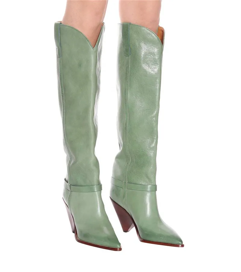

19AW Distressed Leather Over The Knee High Heels Martin Boots Sexy Pointy Toe Slip On Biker Boots Runway Fashion Woman Shoes