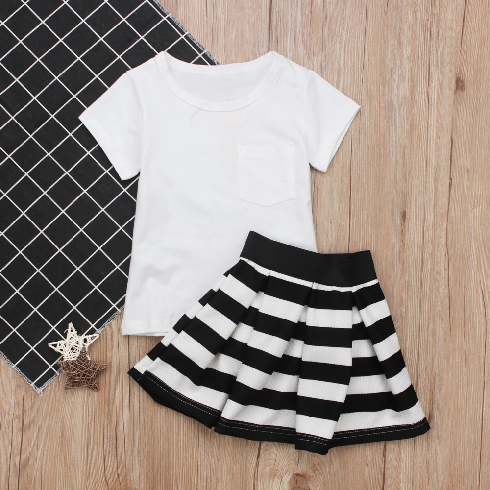 Toddler Baby Kid Girls Clothes White T shirt Tops+Stripe Skirt Outfits