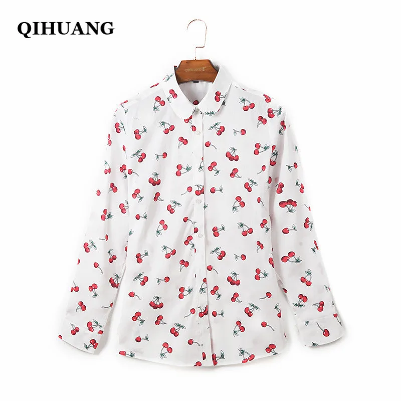 

QIHUANG 2019 Fashion Women Blouse Cotton Cherry Print Long Sleeve Whiter Shirt Plus Size 5XL Women Tops and Blouses Streetwear