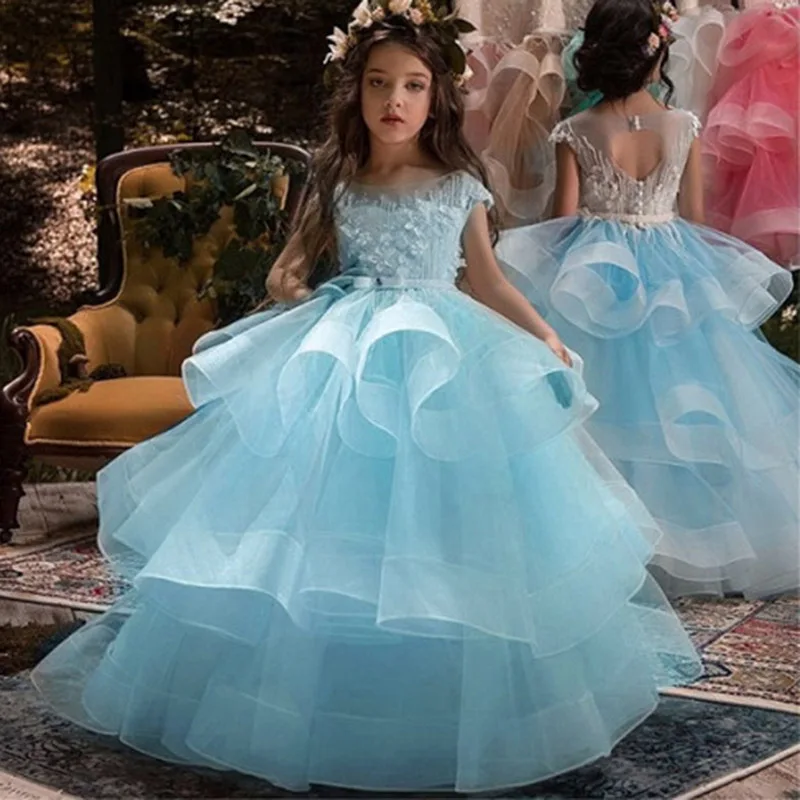 Бальное платье; вечернее длинное платье для девочек; Вечерние Платья с цветочным узором для девочек на свадьбу; платье принцессы для первого причастия; Детский костюм - Цвет: blue