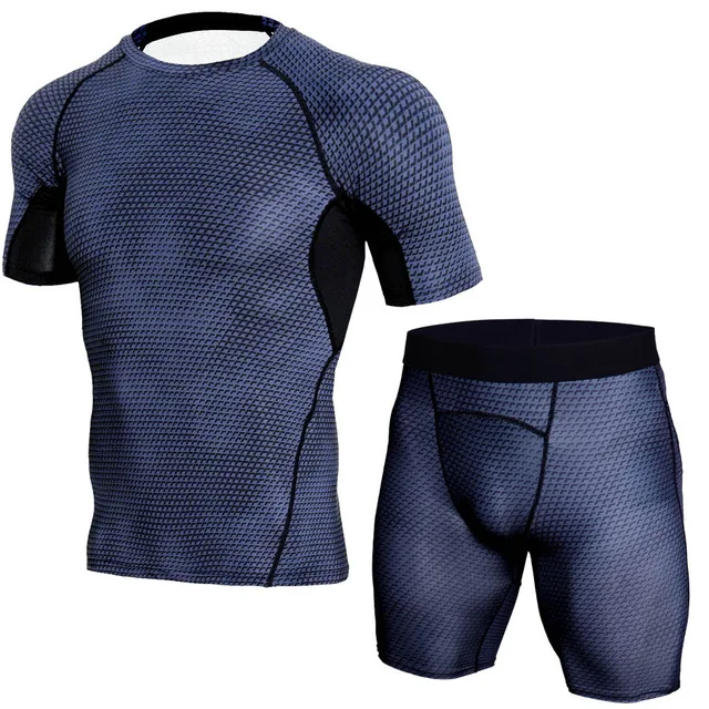 Спортивный костюм для мужчин, компрессионный комплект для бега, фитнес-кожа, нижнее бельё трико, футболка с короткими рукавами, шорты для мужчин, фитнес-тренировки, рашгва - Цвет: 1