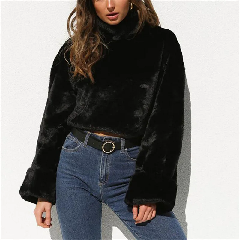 

Women's Autumn/Winter Warm Crop Tops Turtleneck Jumper Lambswool Coat Long Sleeve Faux Fur Pullover Tops White/Black Sweaters